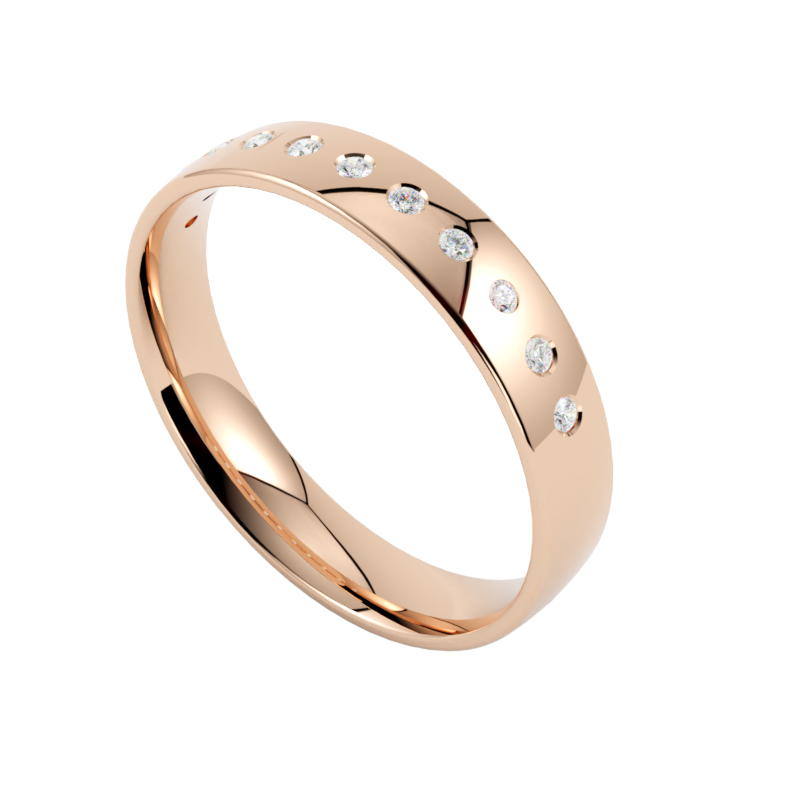 Różowa obrączka ślubna ze złota z oprawionym diamentem w stylu minimalistycznym